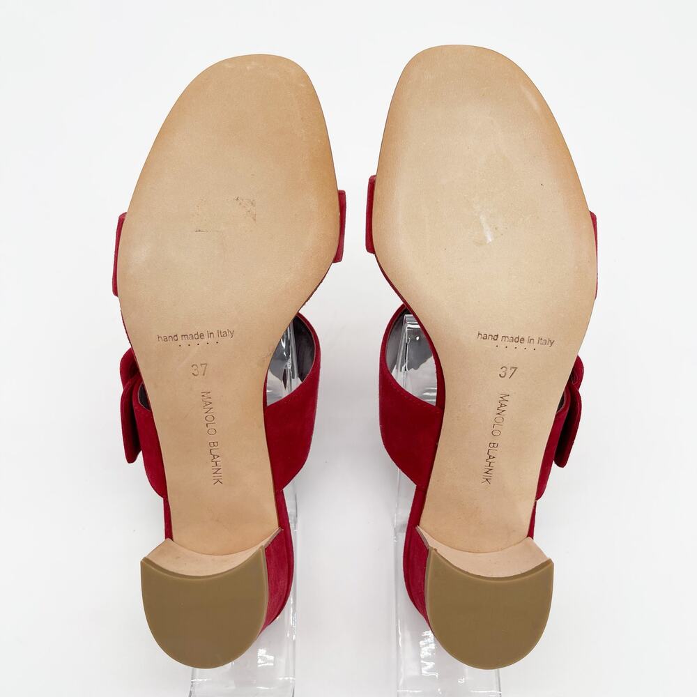Manolo Blahnik Titubanew Red Suede Open Toe Buckle Mule Sandals Heels IT 37 - Picture 11 of 12